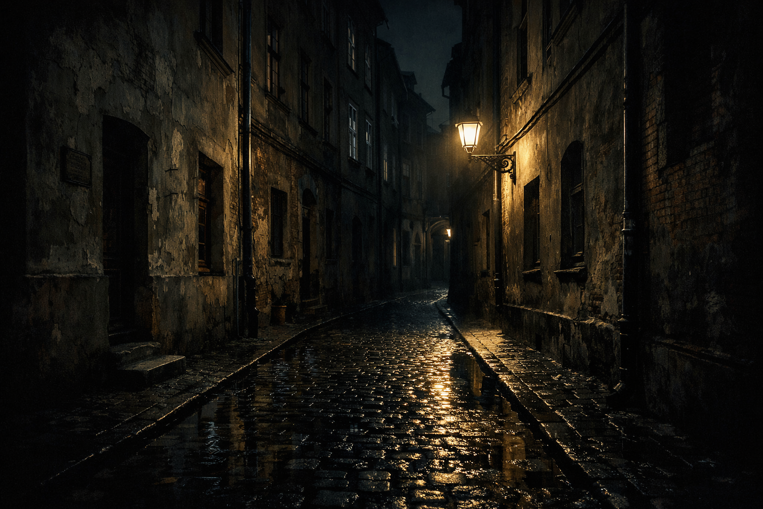 Ciemna uliczka starego miasta — neo-noir atmosfera