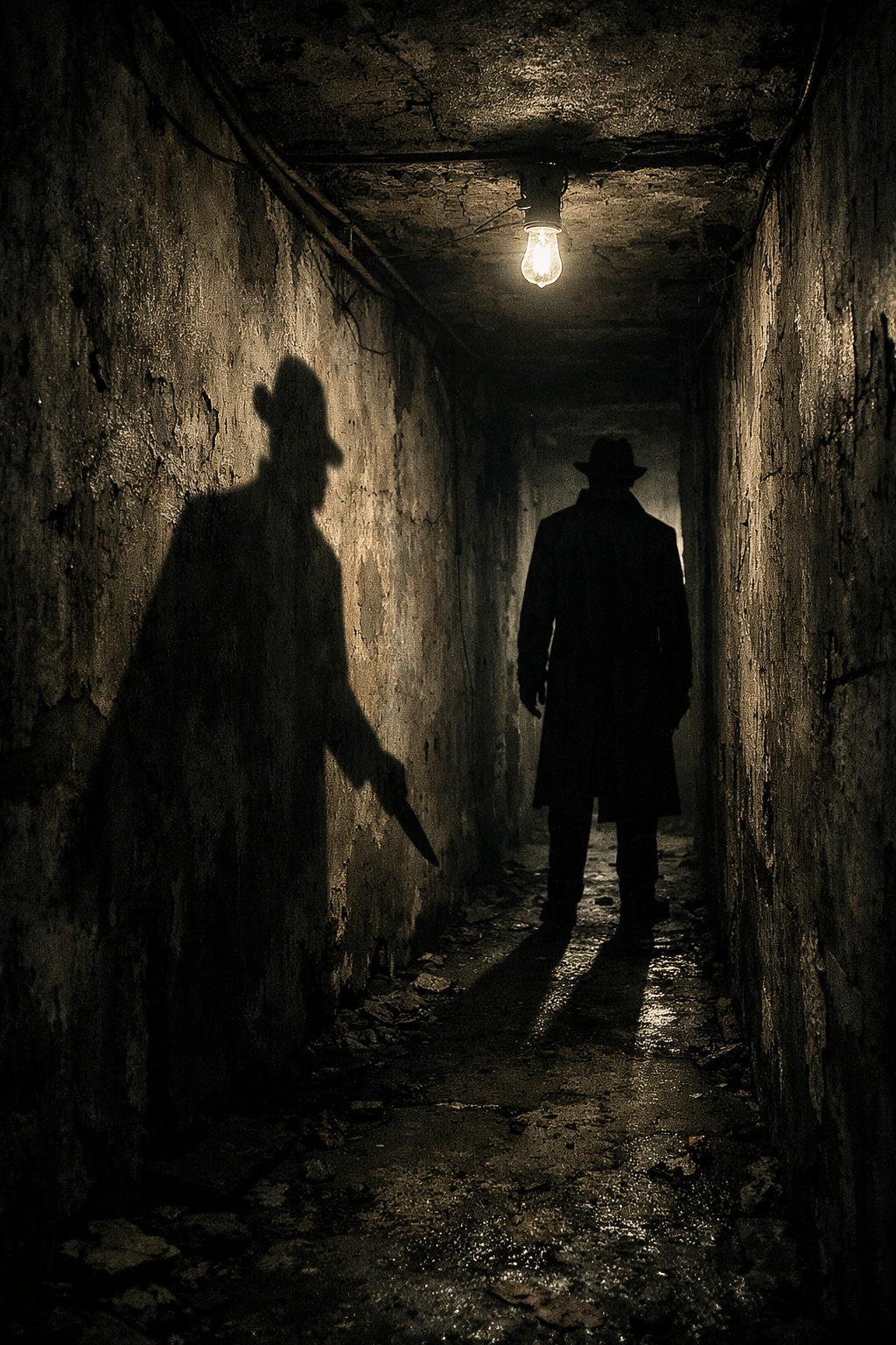 Cień postaci w ciemnym przejściu — motyw zdrady