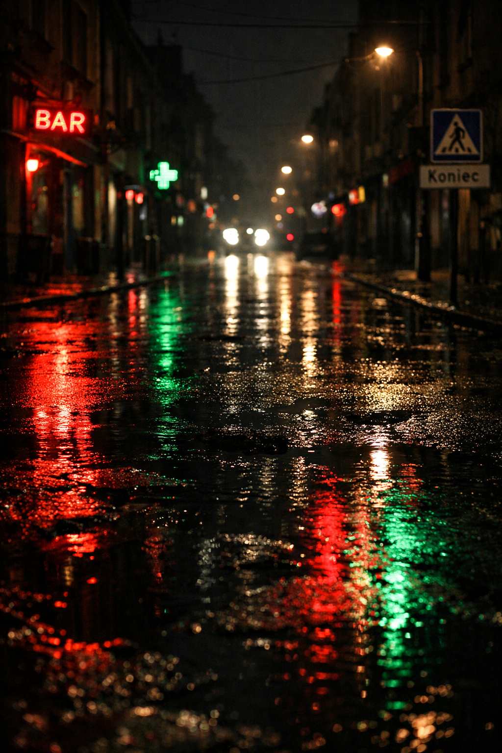 Mokry asfalt odbijający światło neonów nocą