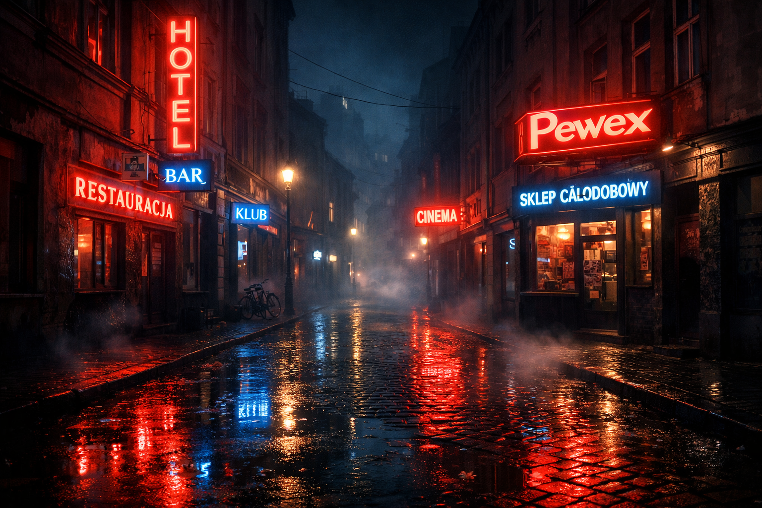 Nocne miasto oświetlone neonami — klimat noir